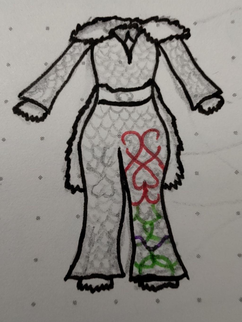 Simple drawing of Mirak clothing. Flaring pipes with fur bands on the edges and back. Lines of thread on the legs to add personality