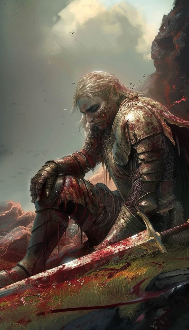 Elven knight around fallen comrades and enemies
