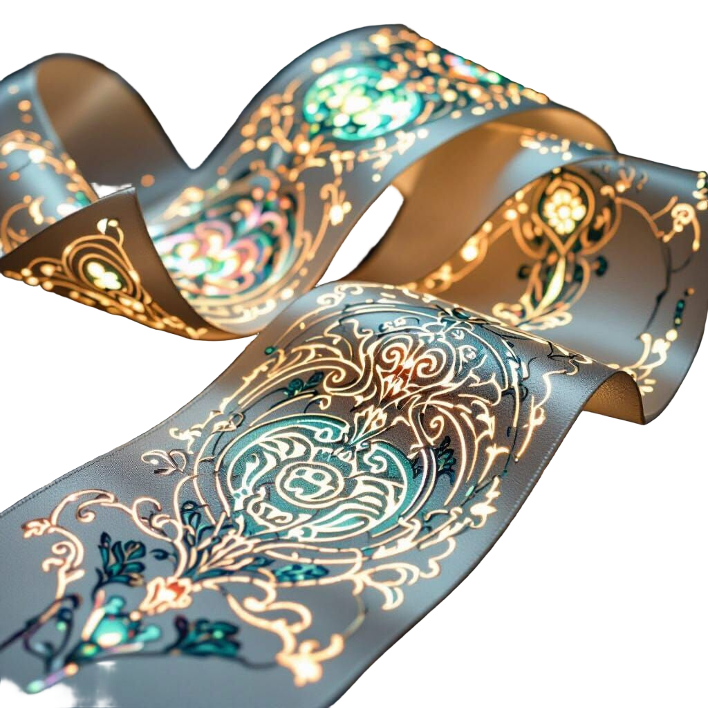 A white ribbon embroiderd with intricate symbols, some of which seem to glow