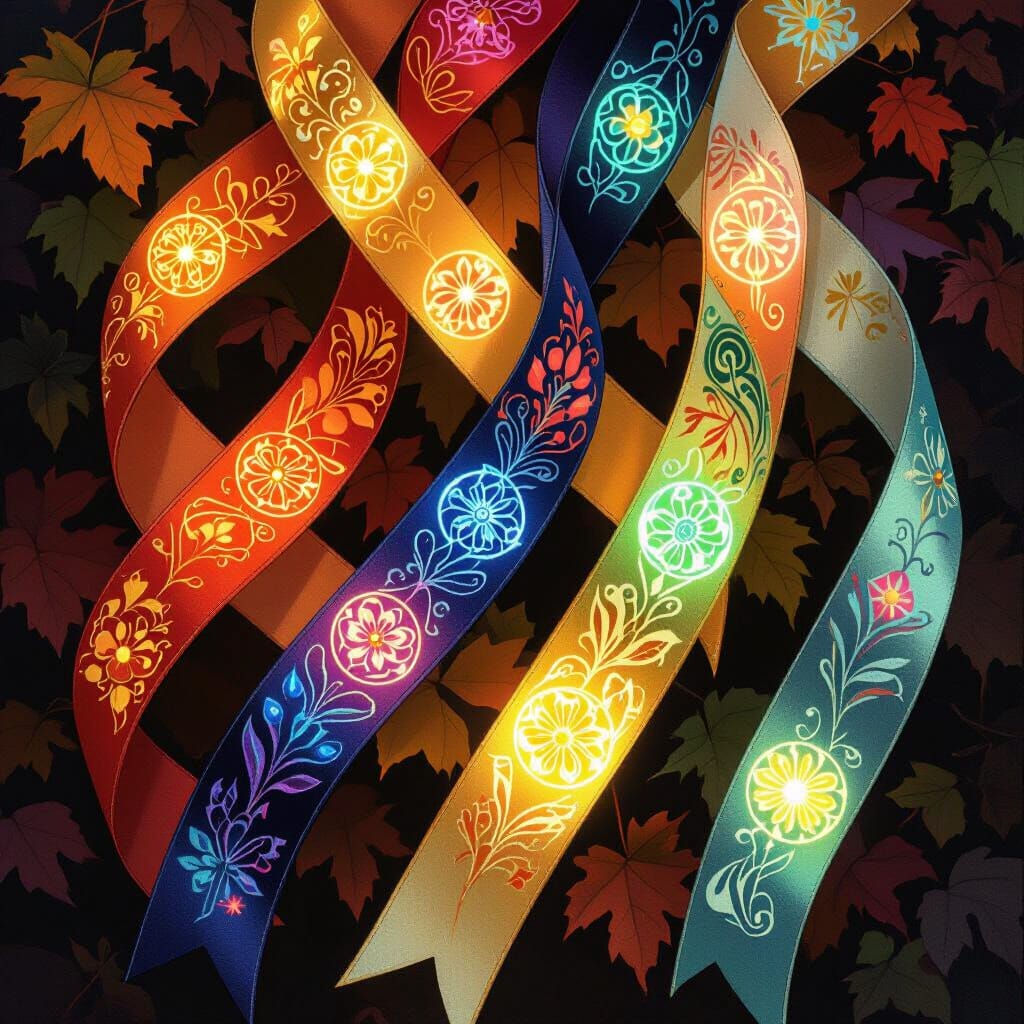 Ribbons in autumn colors with embroidered symbols