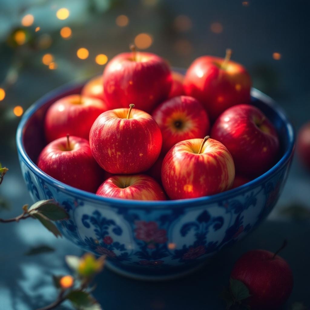 A blue willow bowl filled with red apples that almost seem to glow. Dots of light suround the trees branches in the background.