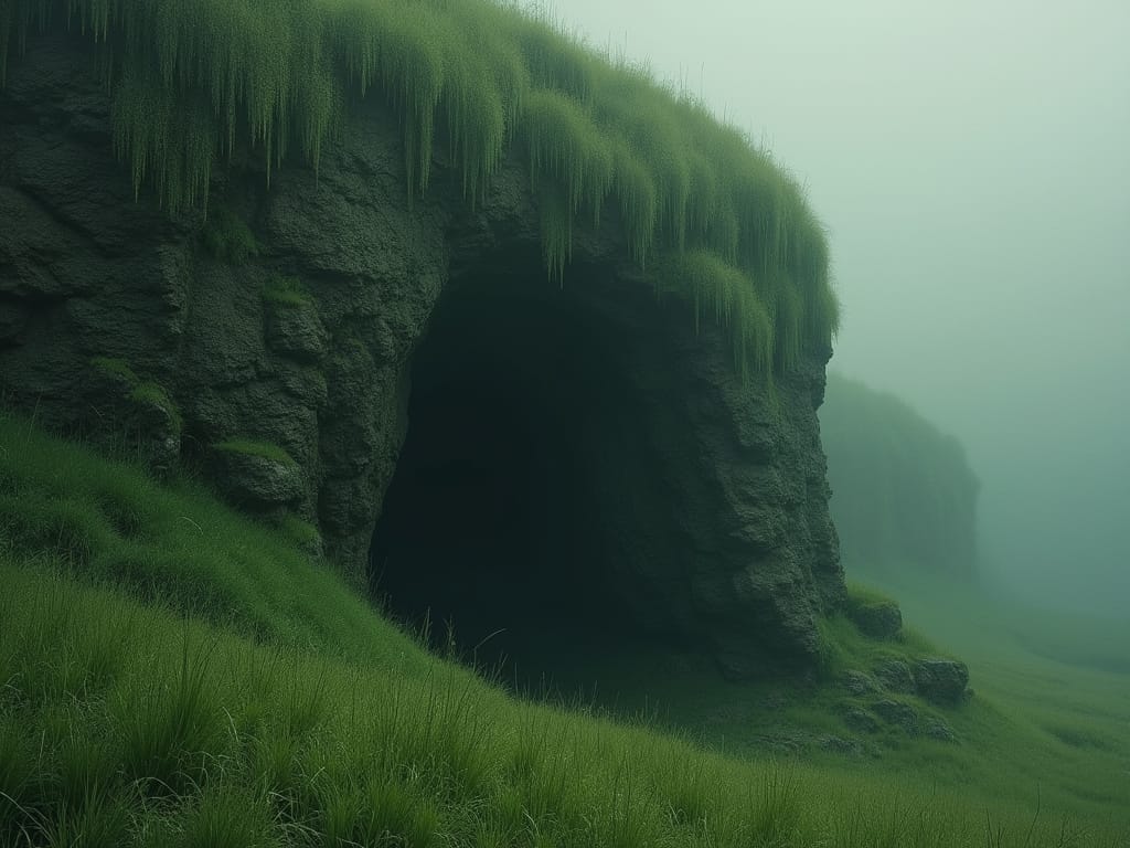 A cave in a cliff surrounded by long grass and mist