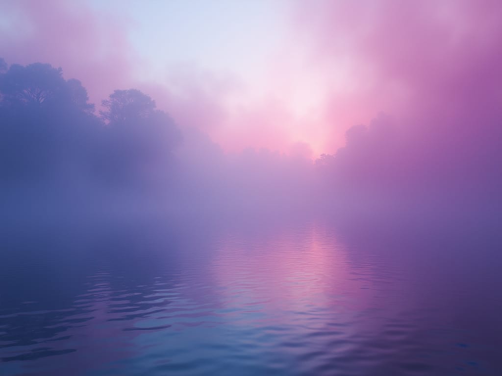 A lake, it shorelines obscured by multi-colored mist