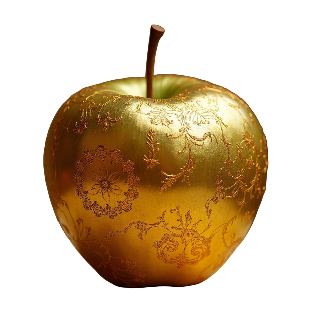 An apple with a skin made out of mettalic gold