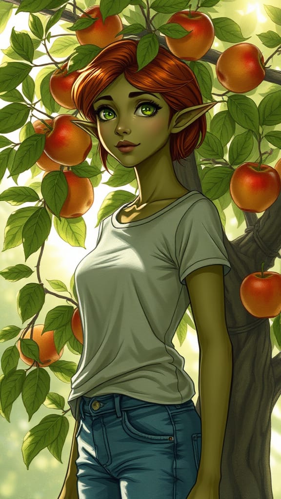 A woman with short red hair, glowing green eyes and green skin stands in front of an apple tree wearing a t-shirt and jeans