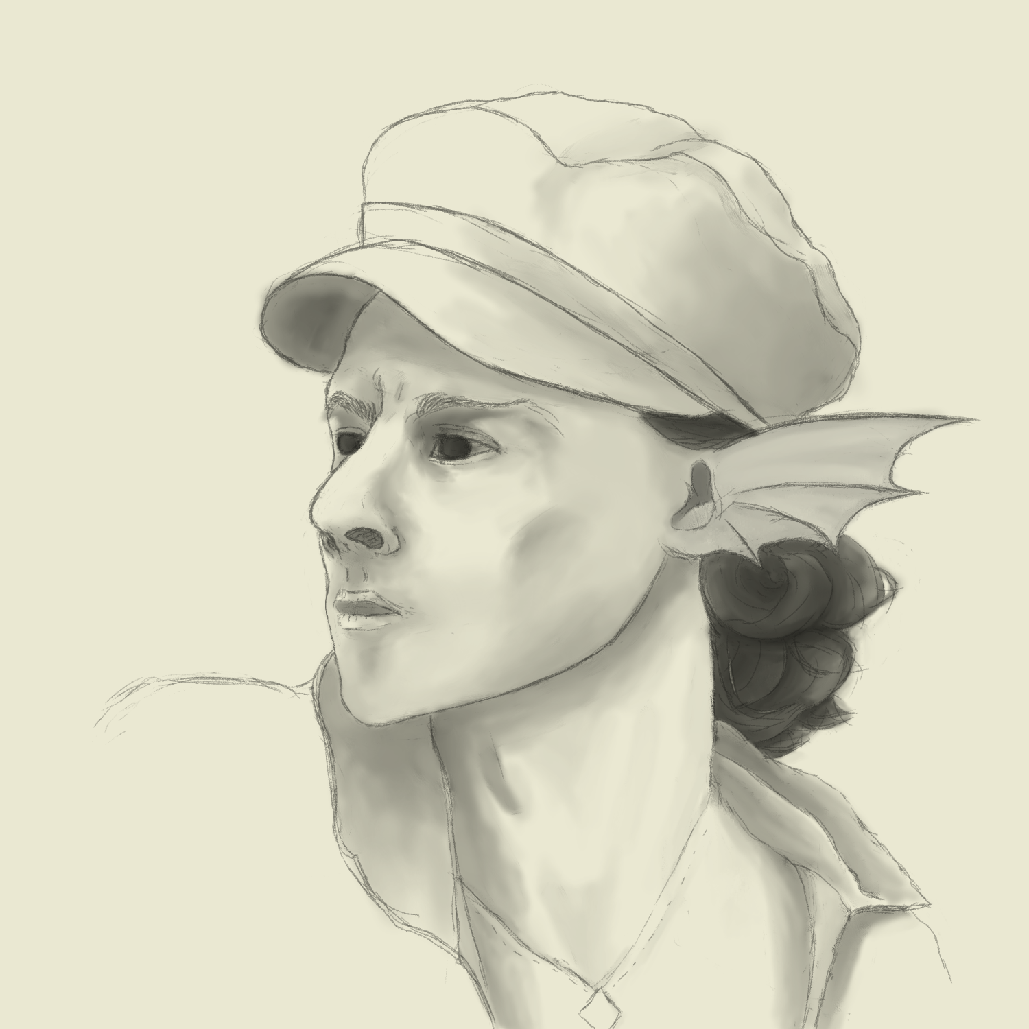 A portrait of a male Wendyn in his late teens or very early adulthood, he is humanoid with very dark eyes and webbed ears.