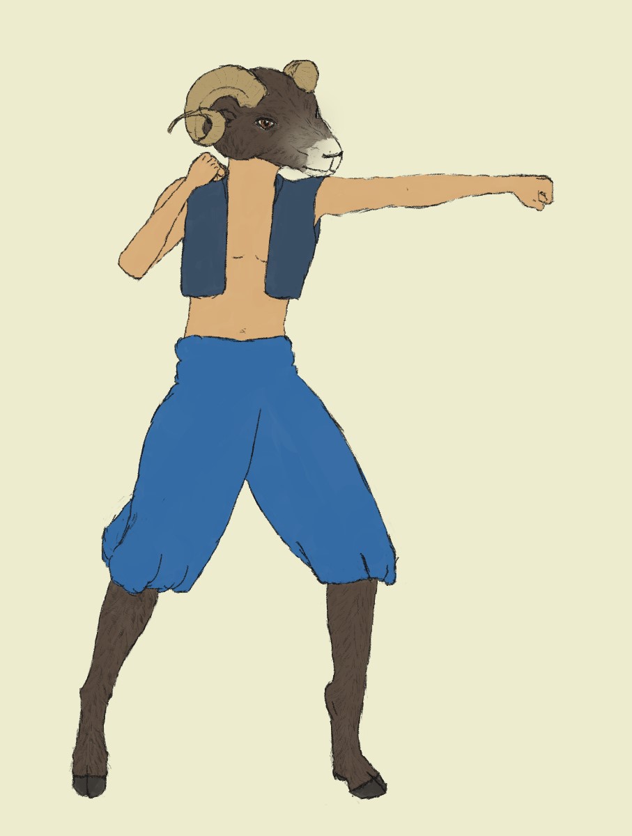 A young male Taesáf, practicing a punch. He has a sheep's head with curling horns, a human torso and arms and legs that are somewhere in between.
