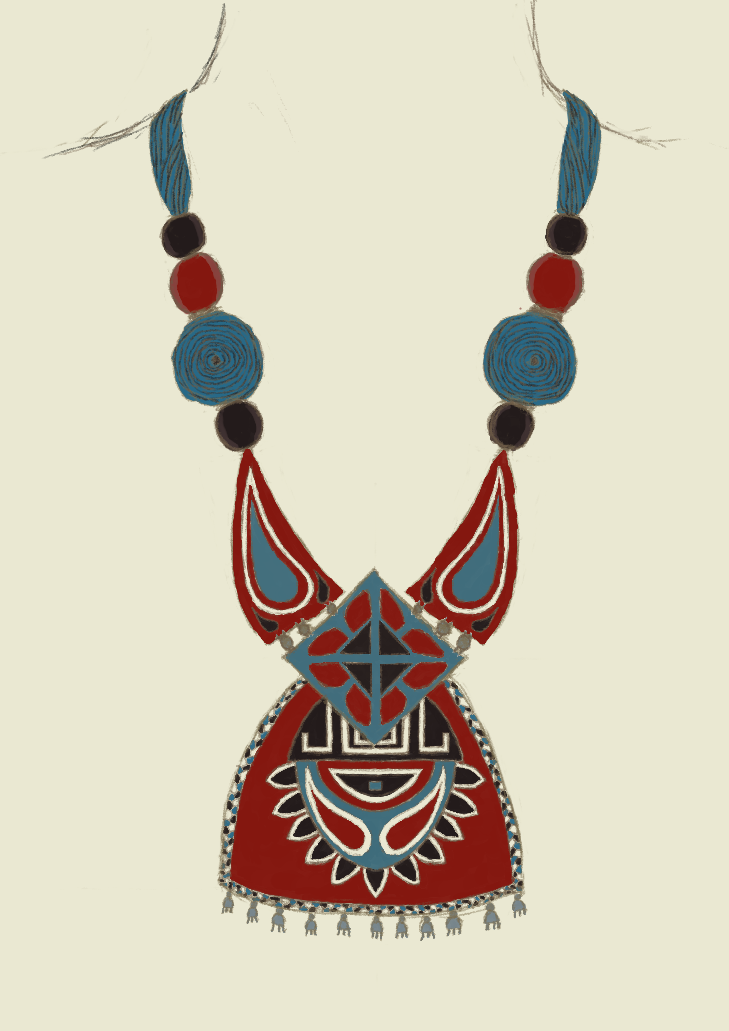 ornate red, blue, black and white necklace made of textiles