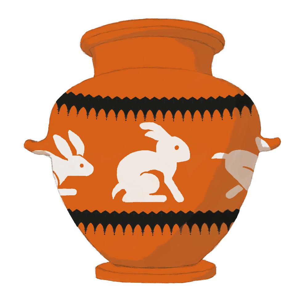 A red clay pot decorated with white Naef hares and black geometric shapes