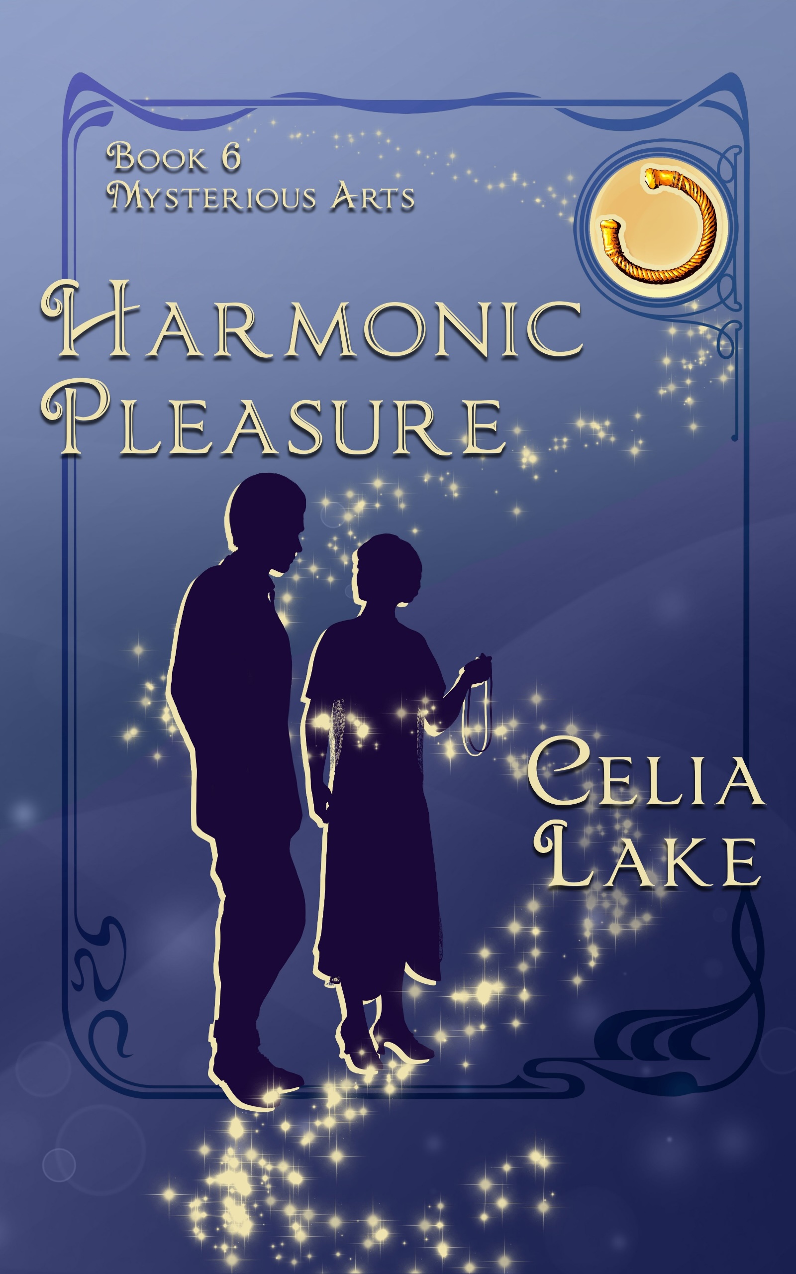 1928 MA6 Harmonic Pleasure Cover of Harmonic Pleasure: a man and woman in 1920s dress silhouetted on a blue background. She holds an amulet in her hand as they speak to each other. A golden torc is inset in the top right corner.