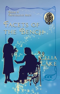 Cover of Facets of the Bench: a man and woman in silhouette. She shows him a necklace as he sits in a wheelchair with forearm crutches propped against the chair. 