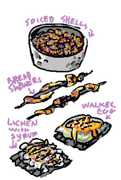 Illustration of carious snacks served at the Oasis. Sweet-spiced shells, bread skewers roasted over open flame, Walker egg with a generous helping of yolk, and syrup-drizzled lichen.
