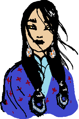 An illustration of a harpid woman. She has soft bird-like features, a stern expression. Weights keep her hair from being blown too much by the wind.