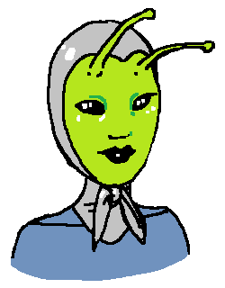 Illustration of a martian woman wearing a headscarf. Her skin is green, and she has antennae.