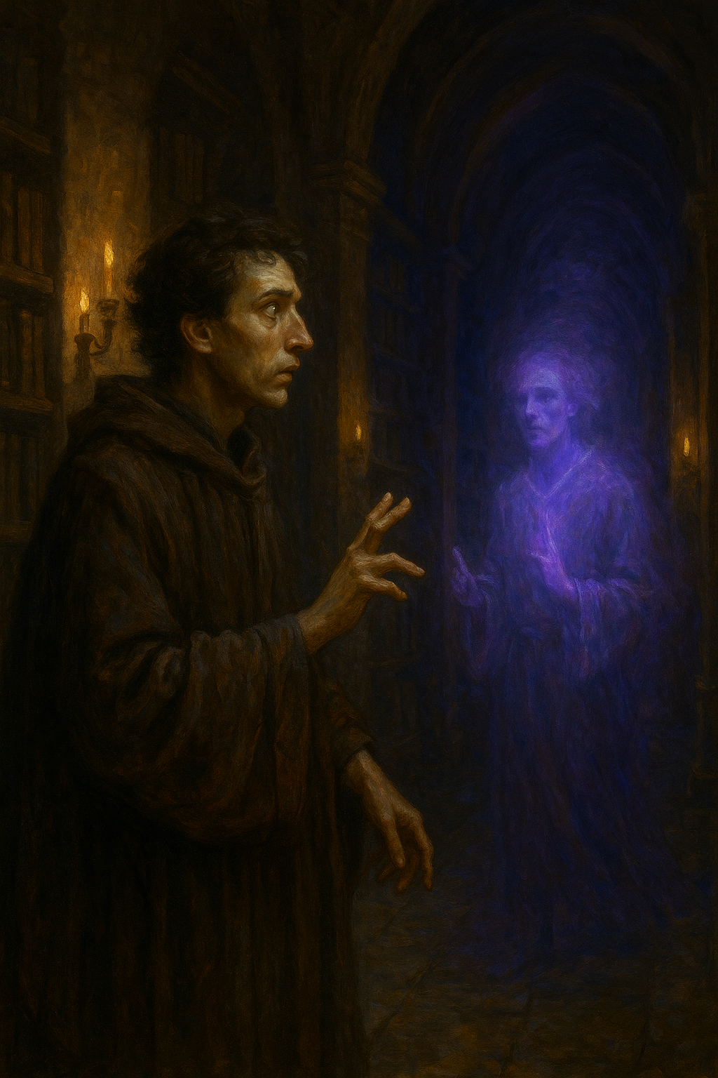 Oil portrait of a Riftwatcher glimpsing their own future in the dim corridors of the Basilica Arcanii.