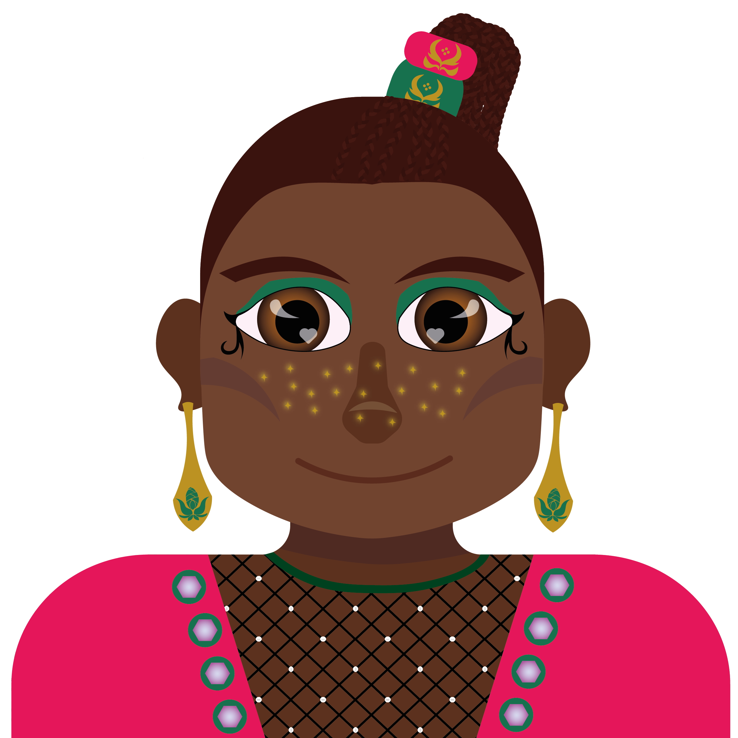Portrait de Ghali en 2060. C'est un jeune homme noir de peau, maquillé, avec un gilet rose et un top à résille et à perles.