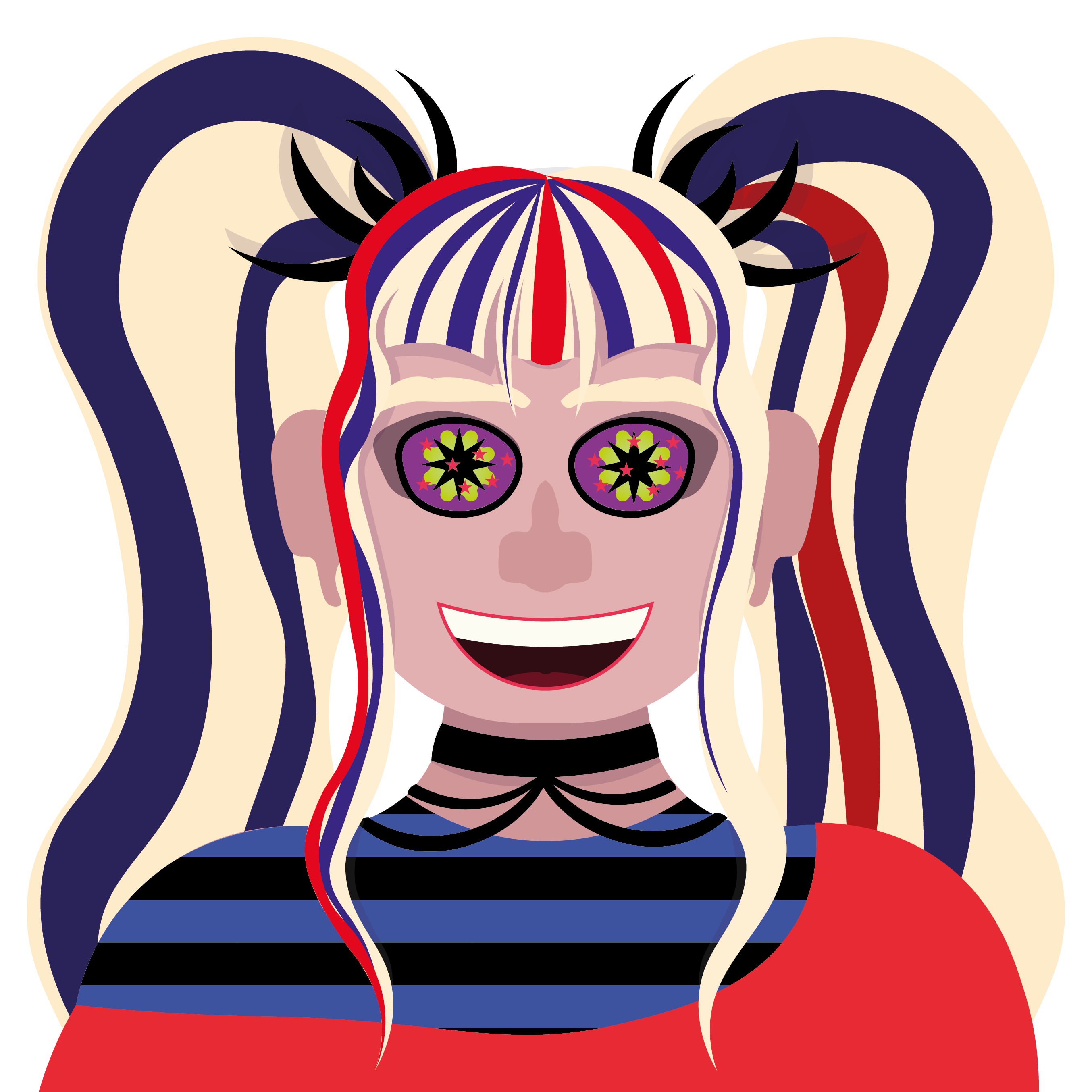 Portrait d'une jeune femme blanche aux yeux très bizarres avec des étoiles à l'intérieur