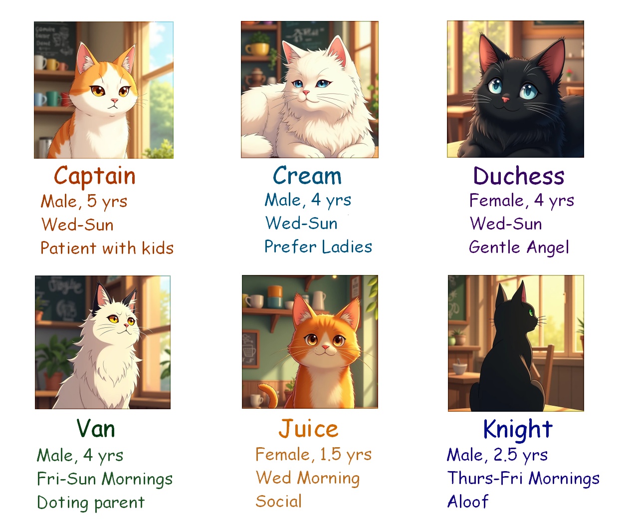 Photos of the cats, pinned on a board of the cafe