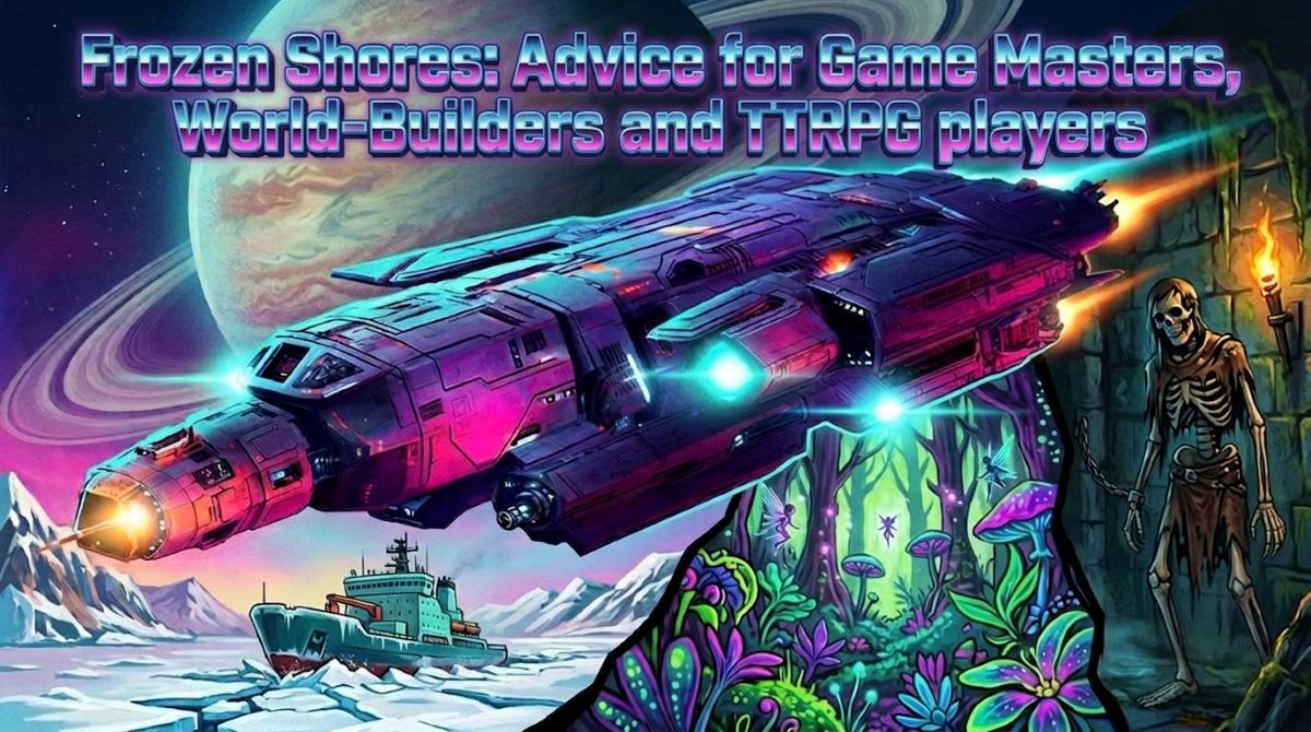 Frozen Shores Advice For Game Masters Cover image featuring spacecraft, icebreker ship and dungeon.