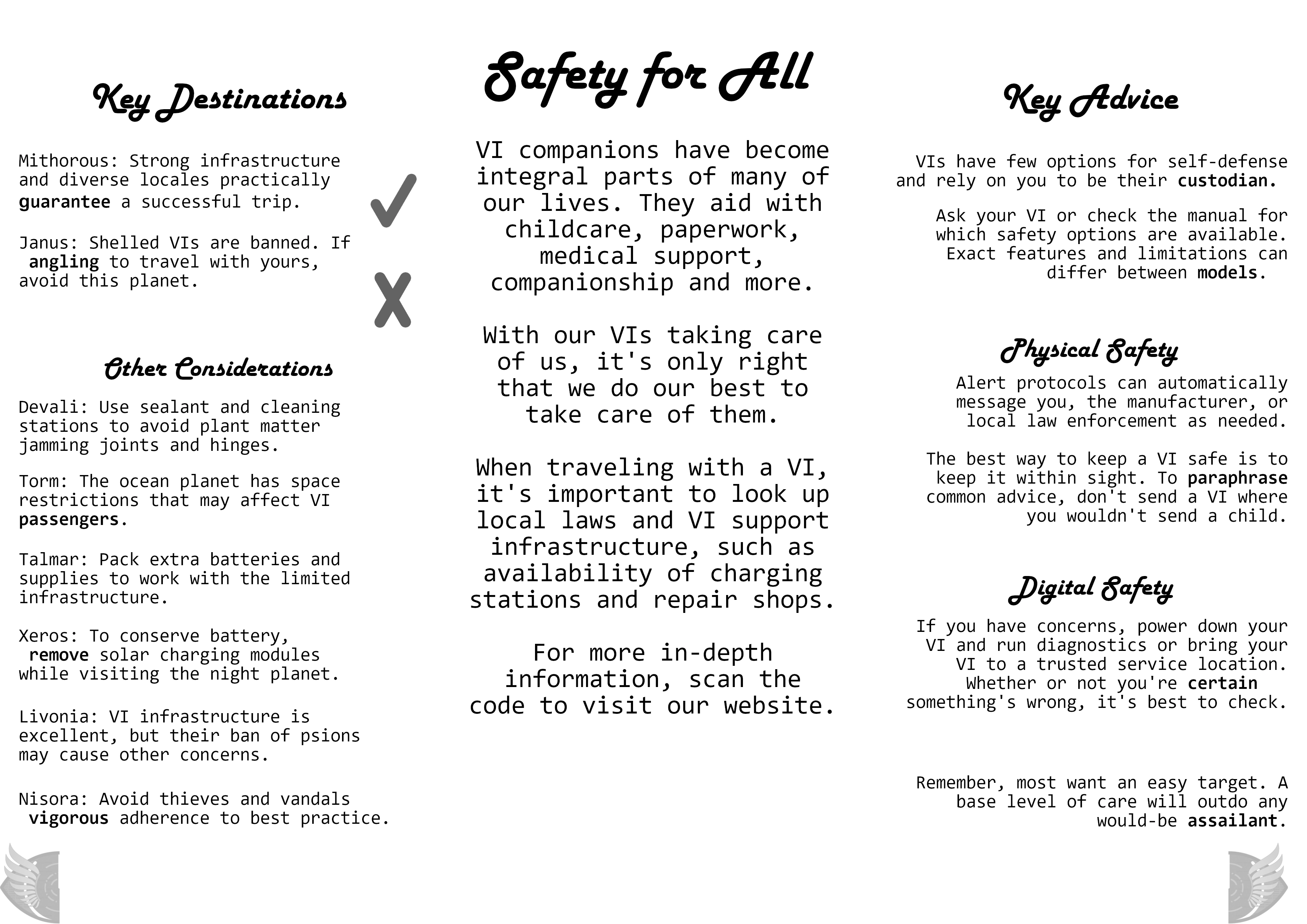 A three-panel image of a travel guide with basic advice on keeping a VI safe. Click through for a full transcript.
