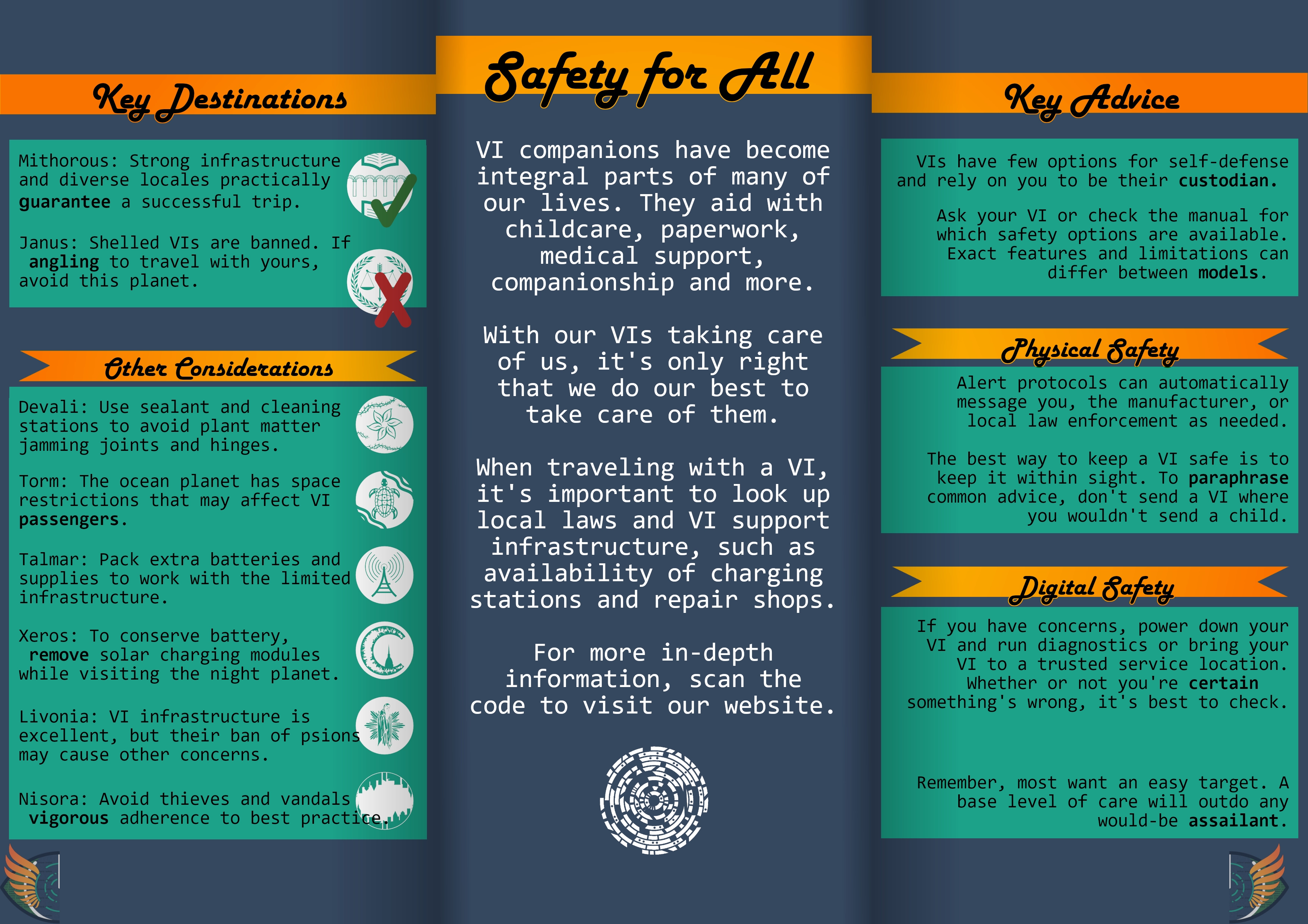 A three-panel image of a travel guide with basic advice on keeping a VI safe. Click through for a full transcript.