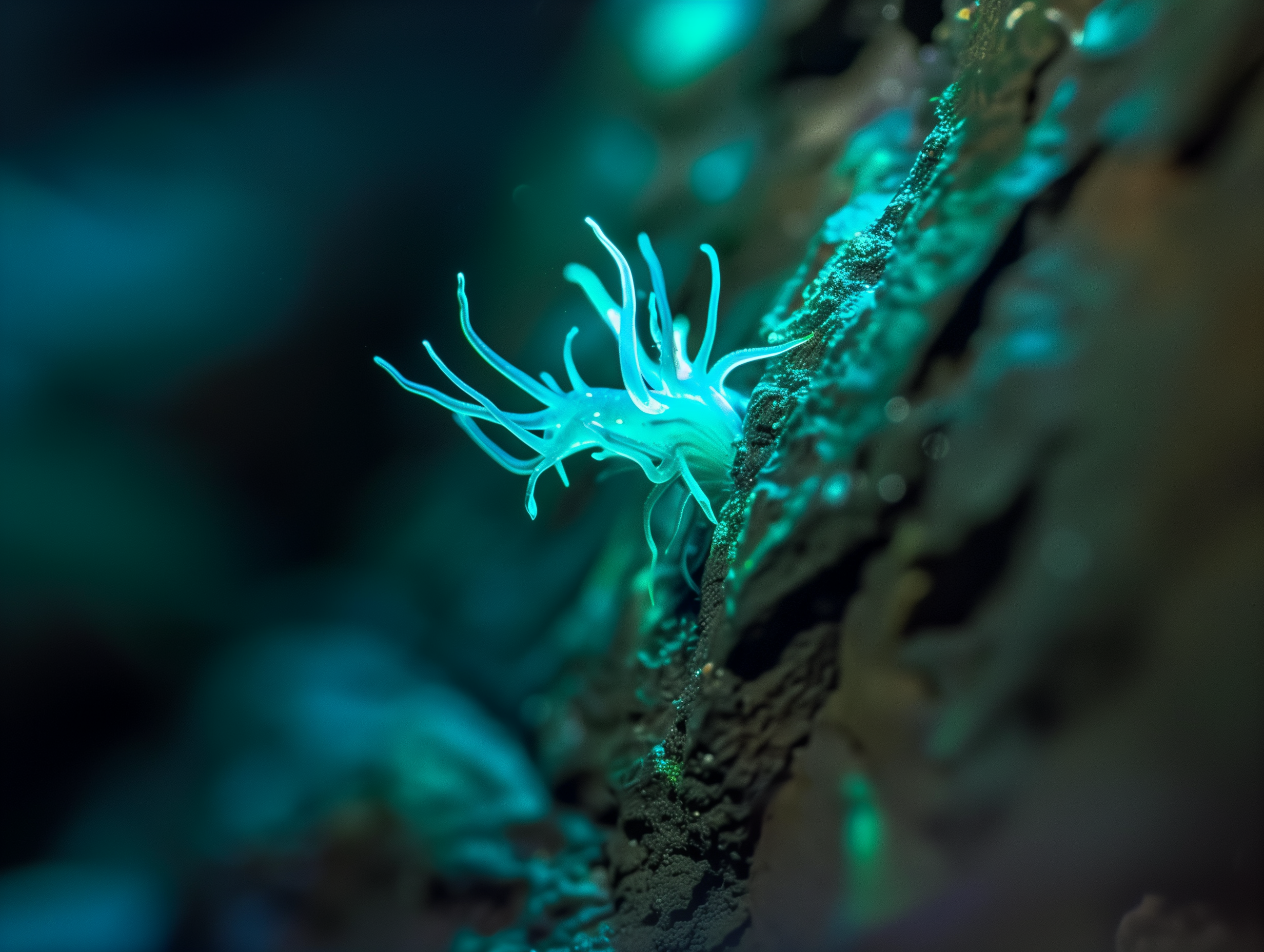 close up picture of one small tendril like glowing blue anemona coming from a crack in a wall of an underwater cavern 