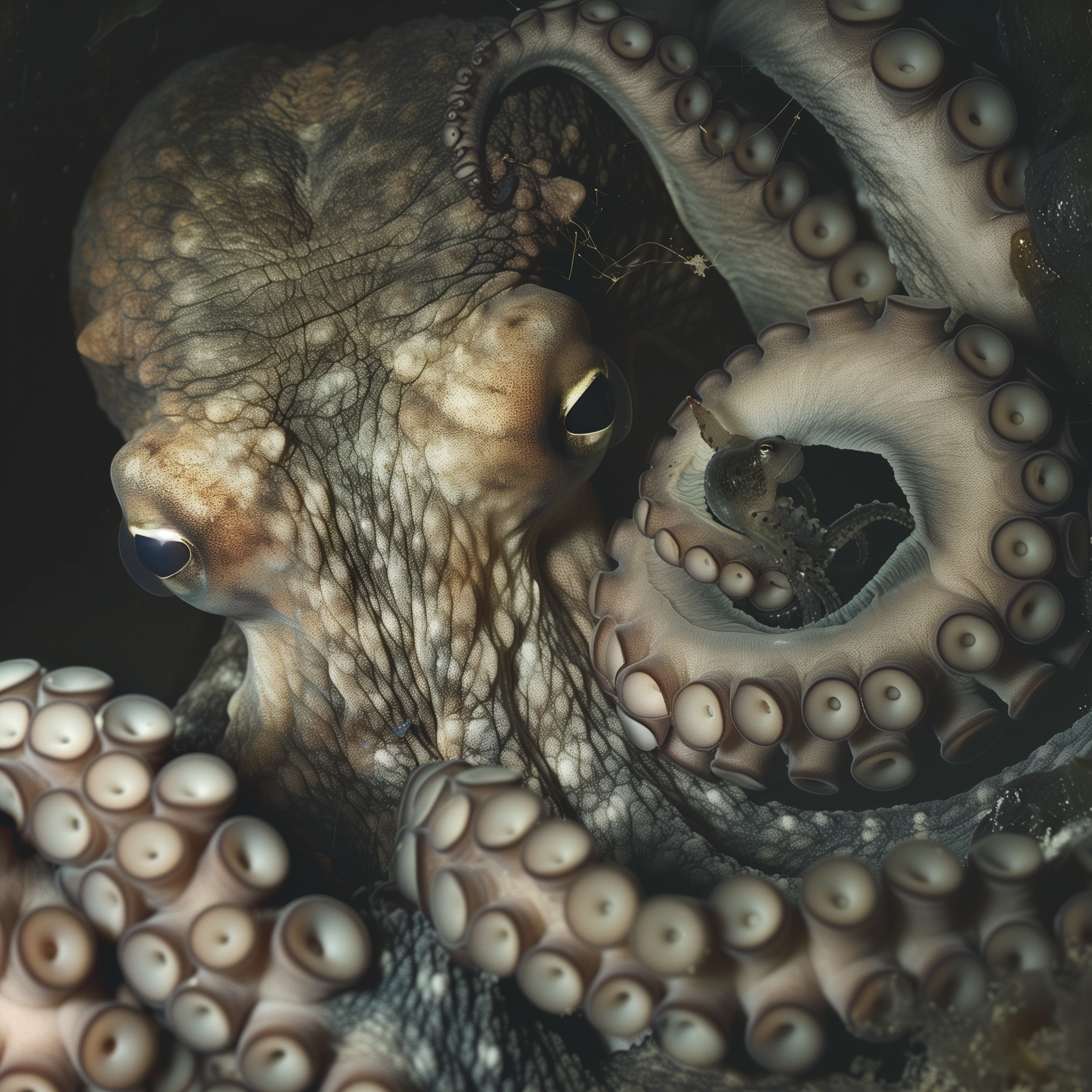 a octopus looking closely at a minuscule isopod resting on its tentacle. The isopod is the size of the octopus' eye and has tendrils instead of feet 