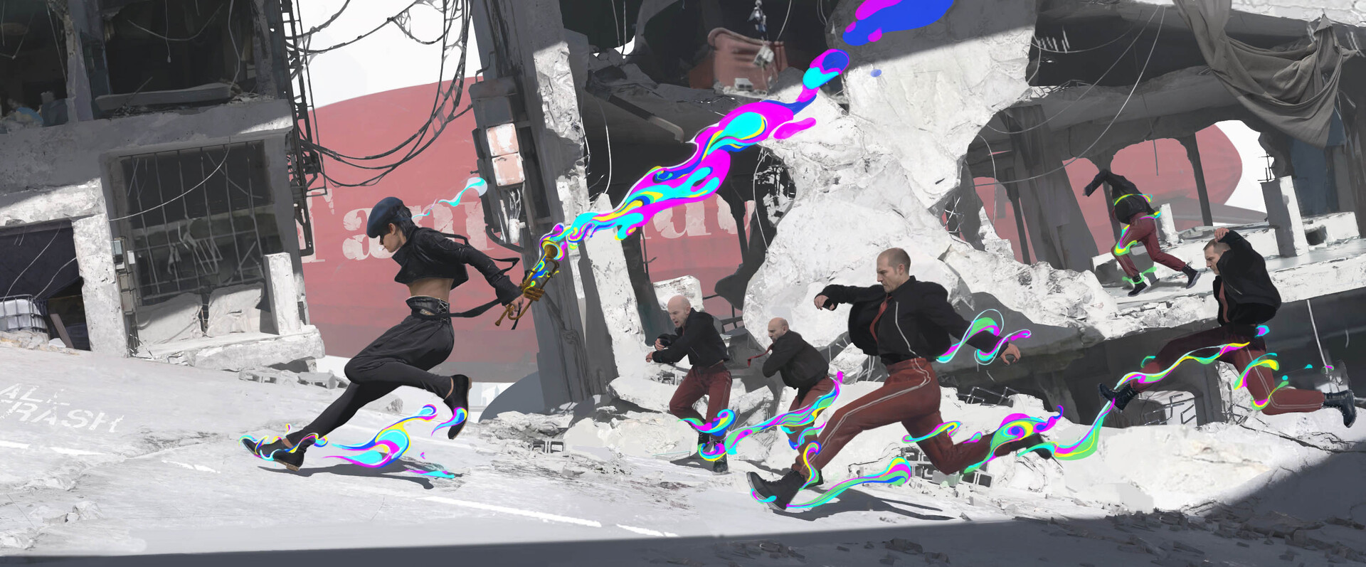 A person holding a trumpet runs in the ruins of a city, a group of men following her.