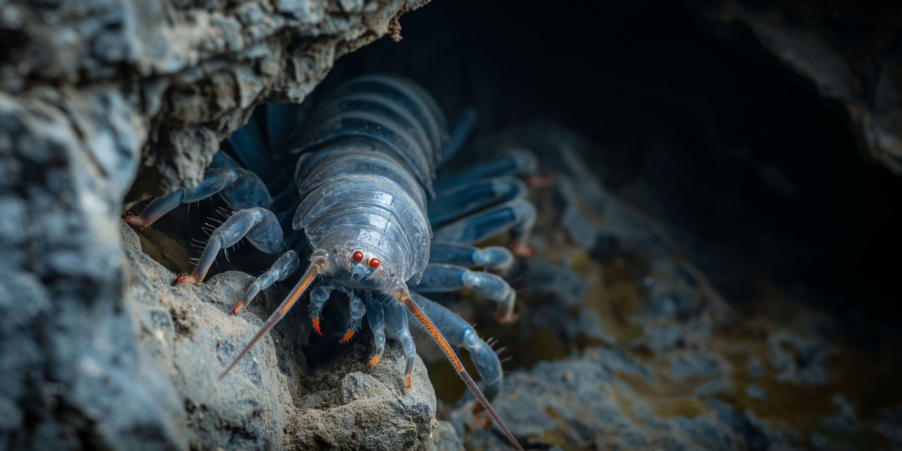 a close up view of a very small isopod on the wall of an underground cave, with red eyes . The cave is deep underwater and has a dark blue tone to the image