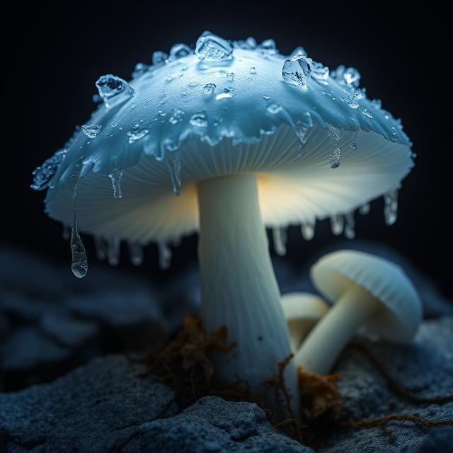 The dull glow emitted by a frostcap in a dark cave is immediately evident.