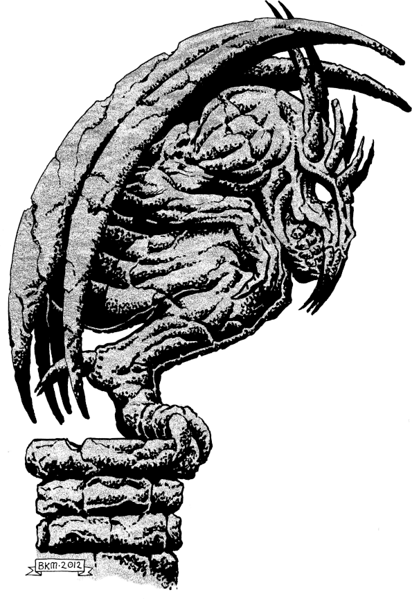 CAC297-Gargoyle-F-BKM.png Drawing of a many-horned gargoyle crouching on a roof edge.