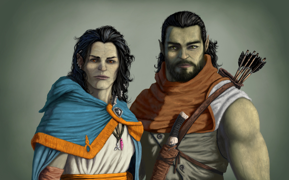 Orcs_144dpi.png A female orc (right) and male orc (left), with light green skin and calm expressions, dressed as adventurers.