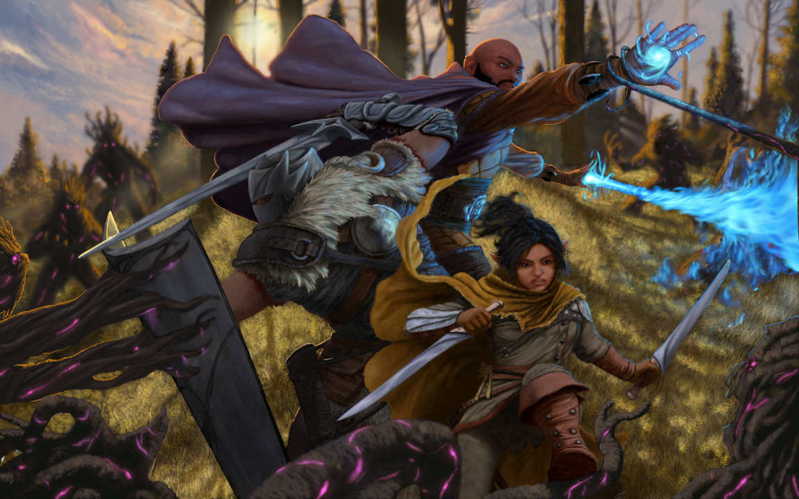 Defense_by_Jeff_Koch.png A warrior, rogue, and wizard defending against attack by human-sized tree creatures