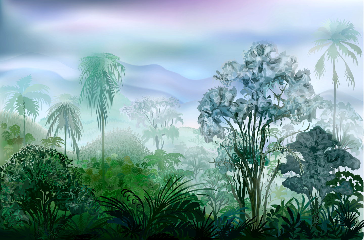 Talusi_forest.jpg Landscape painting of a misty tropical rainforest with palm trees