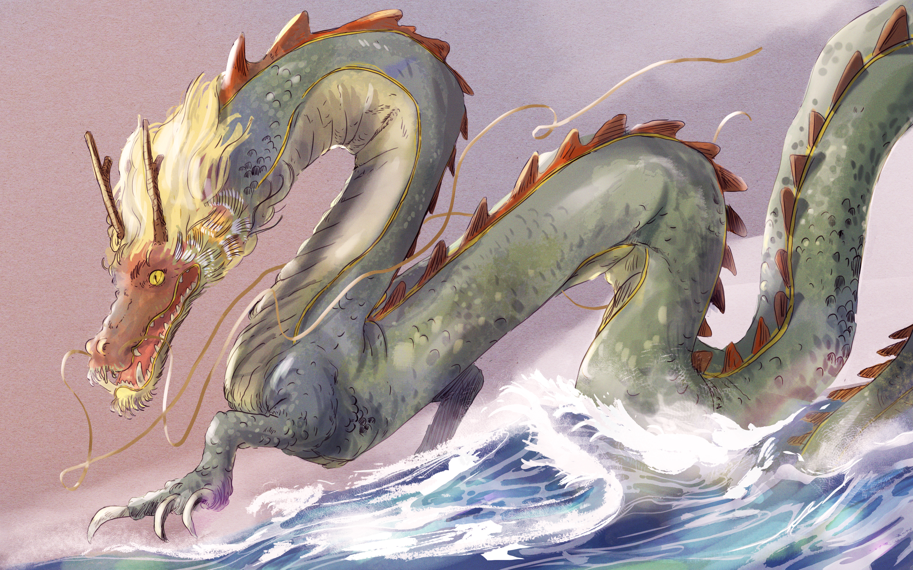 A loong, or Asian style dragon, with a serpentine body, horse-like head, and lion-like mane, emerging from the sea.