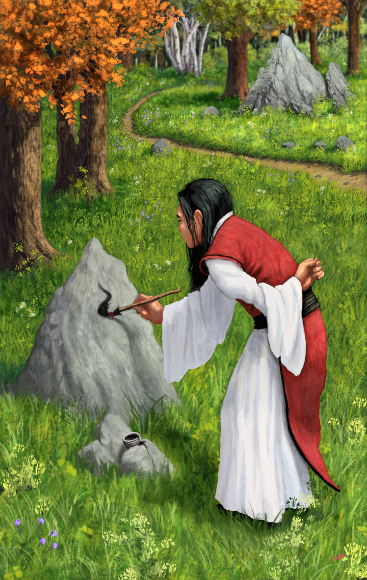 First_Calligrapher_144dpi.png Painting of an Asian person in red-and-white robes writing with an ink brush on a boulder, in natural surroundings