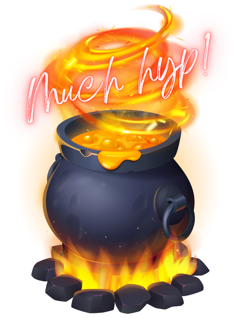 An illustration of a lava-filled cauldron over a fire, reads 