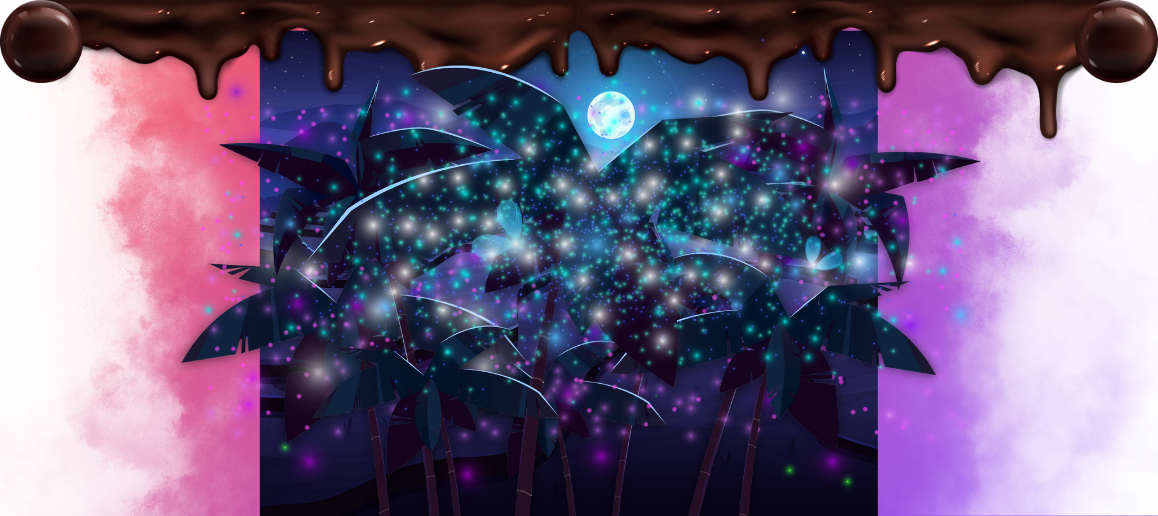 An illustration of exotic trees in the moonlight with tiny, glowing sprites floating all around.