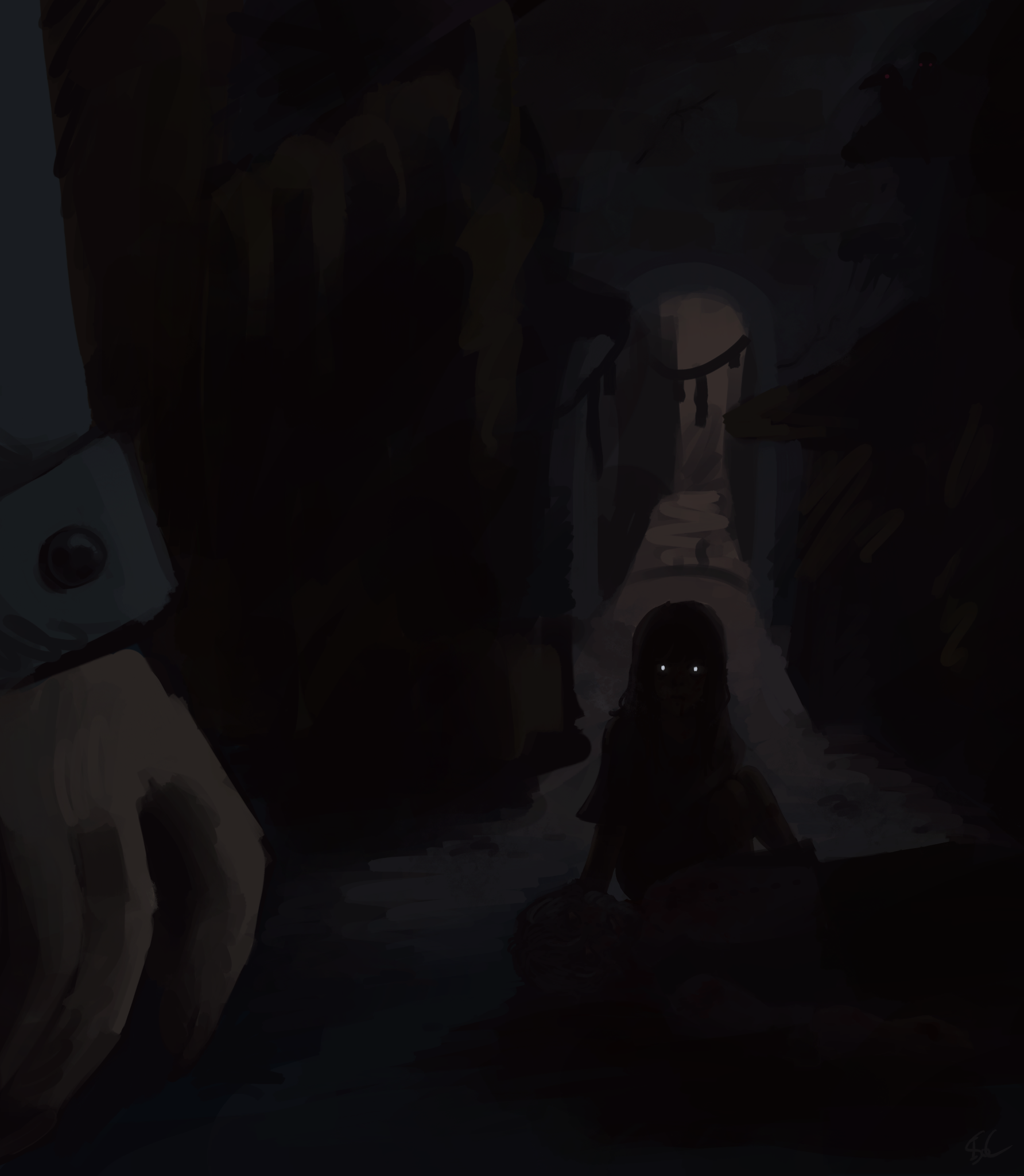 A painting of an alley at night with a young girl covered in blood sitting next to a mauled corpse