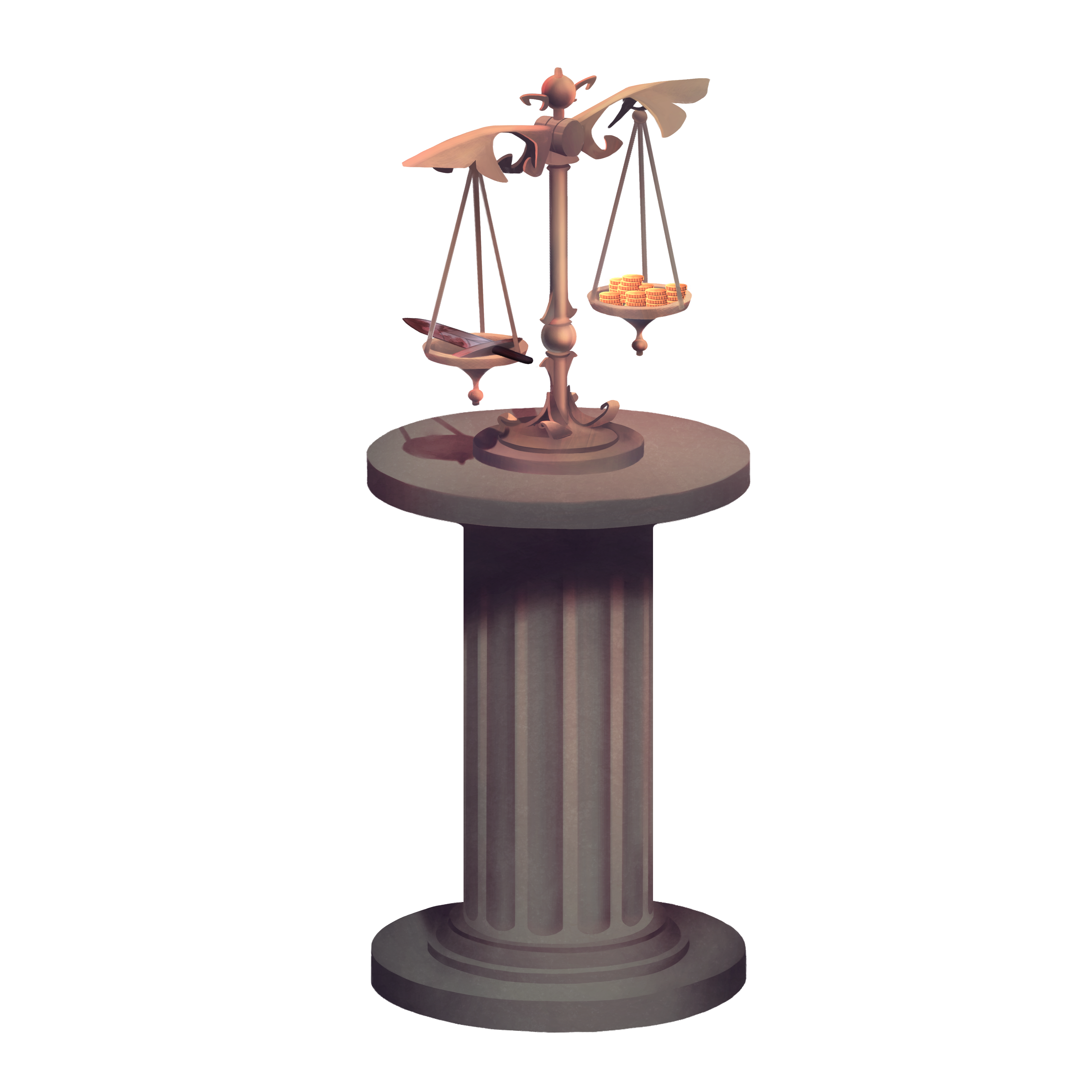 A depiction of a marble pillar with a copper scale on top. The scale has a bloody knife on one side and a pile of gold coins on the other to supposedly balance out the crime with a proper payment.