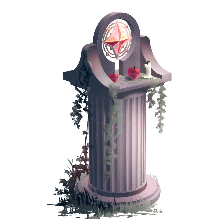 A marble column covered in vines adorned with Mora's symbol, a four-pointed star made of Scheelite. It stands ready to accept the prayers & offerings of Mora's worshipers.