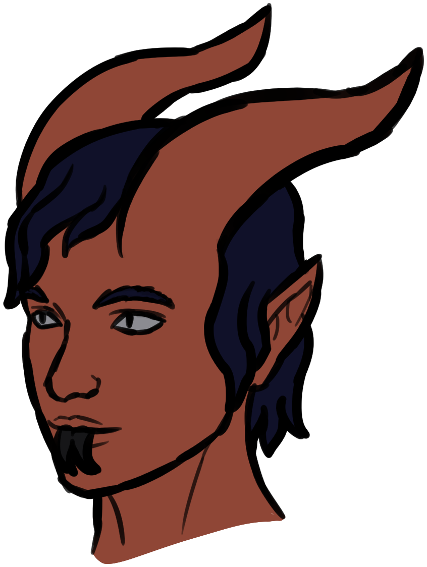 Drawing of the head and neck of an ihkt. They have a pair of large horns, long pointed ears, eyes with narrowed pupils and no visible iris, and a forked black tongue. Their skin is muted reddish, and their hair is wavy and dark blue. Their eyes are gray.