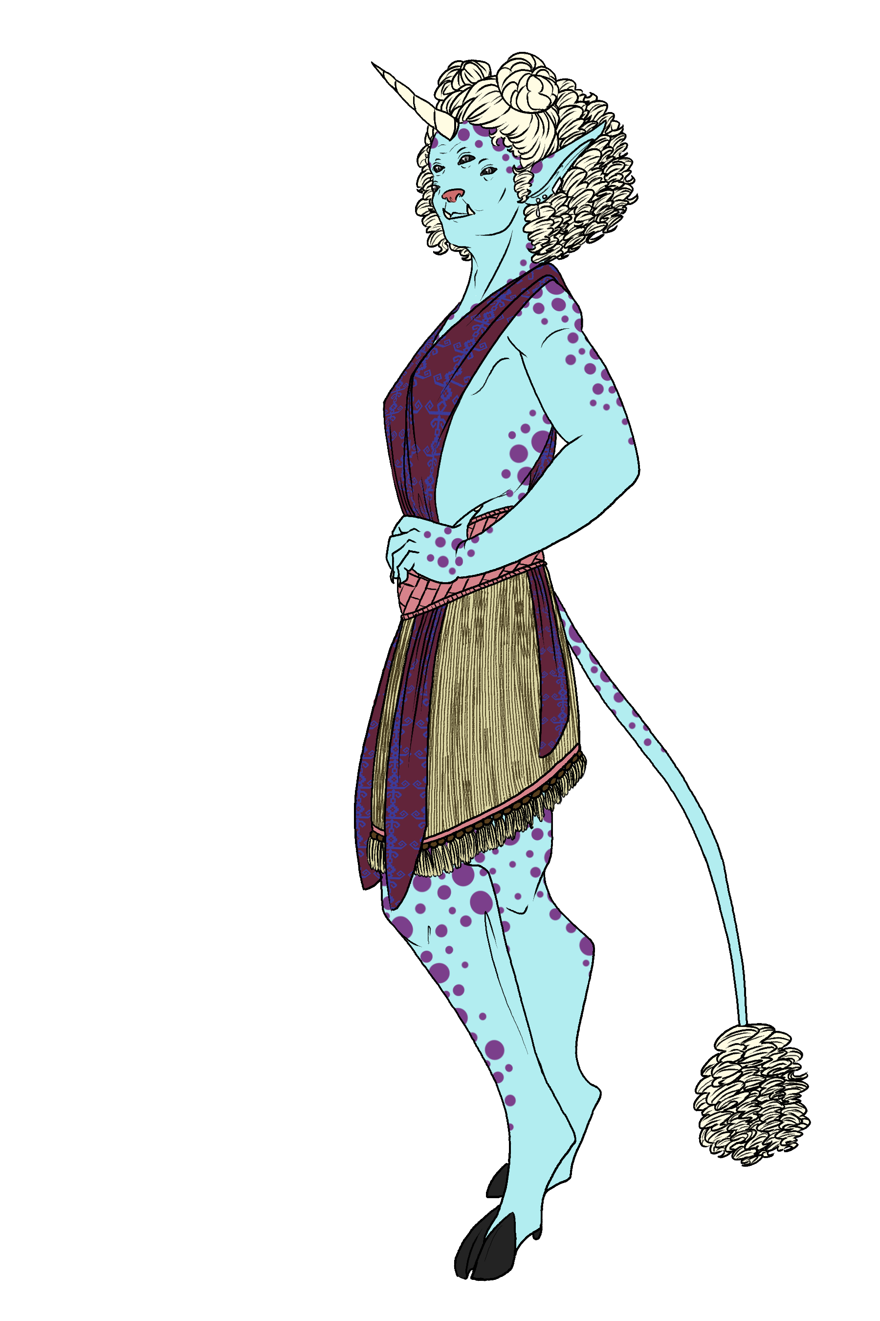 An illustration of a blue-skinned person with purple spots. E has coily white hair pulled hafl-up in two buns, with a matching tuft of coily white fur at the end of eir tail. E has a single horn coming out of eir forehead, four gray eyes with black sclera, and hooved legs.