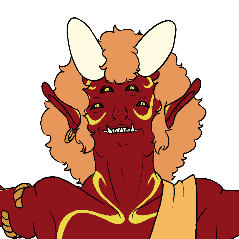An illustrated bust of a horned man with red skin and gold wavy markings, four gold eyes with black sclera, and wavy orange hair.