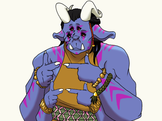 An illustrated cover titled Demon King's Gardener, featuring a large blue-skinned man with four arms and horns kneeling down to kiss a white human man with wavy brown hair and freckles. Both are wearing medieval style clothing in front of a circular entrance.