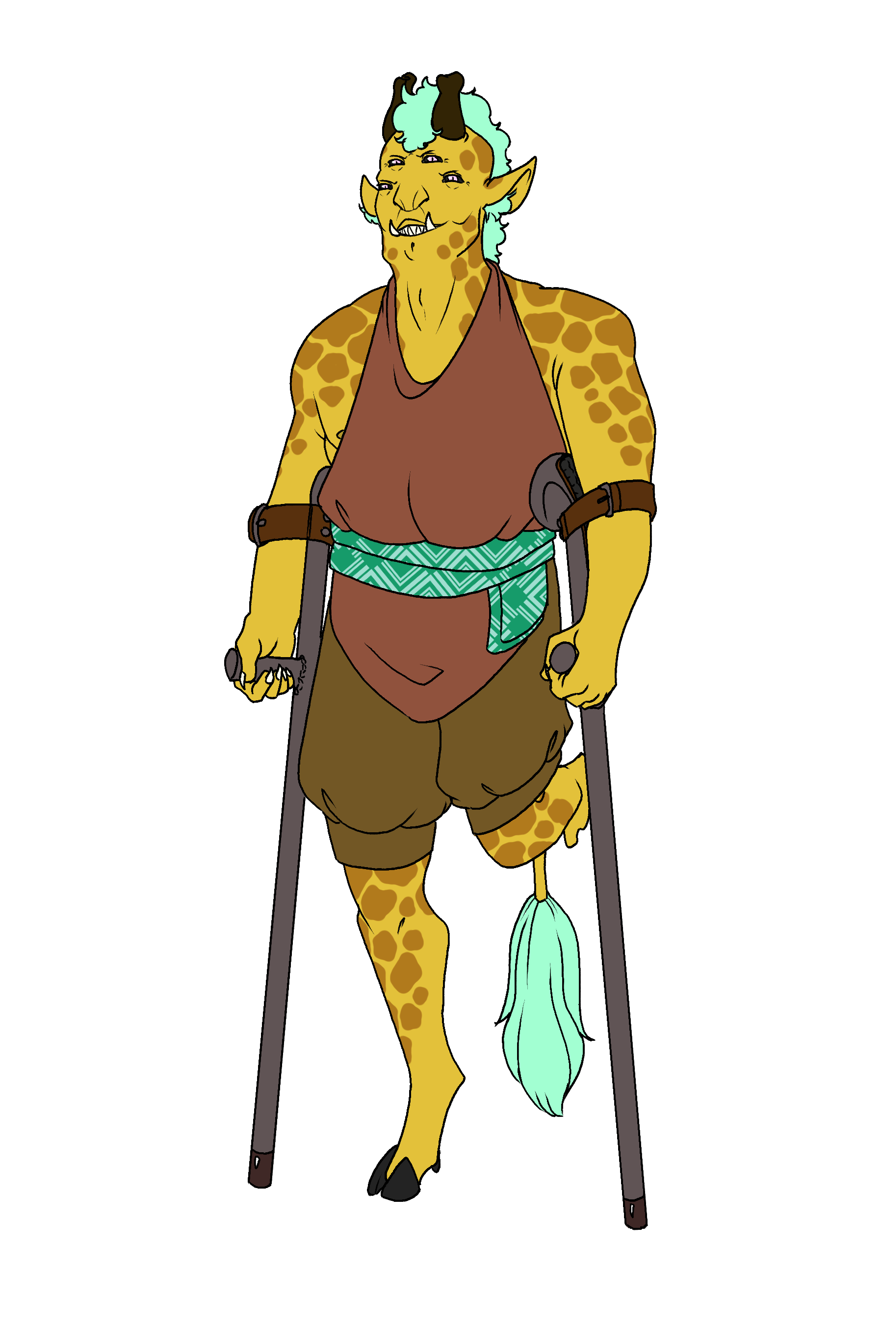 An illustration of a sunflower yellow-skinned man with brown giraffe spots and matching horns. He has four lilac eyes with black sclera, and wavy seafoam green hair in a mane with a giraffe tail. He is using metal crutches, with one hooved leg that is much smaller than the other as a congenital limb difference.