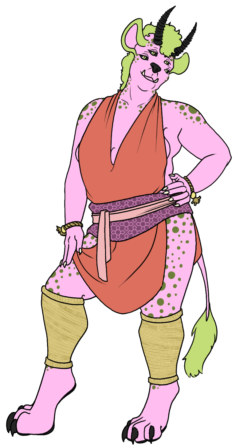 An illustration of a woman with four green eyes, pink skin, and green spots. She has digitigrade legs, a hyena tail and matching ears, and antelope horns. Her wavy green hair grows in a mane, and she is wearing an open-sided tunic sec