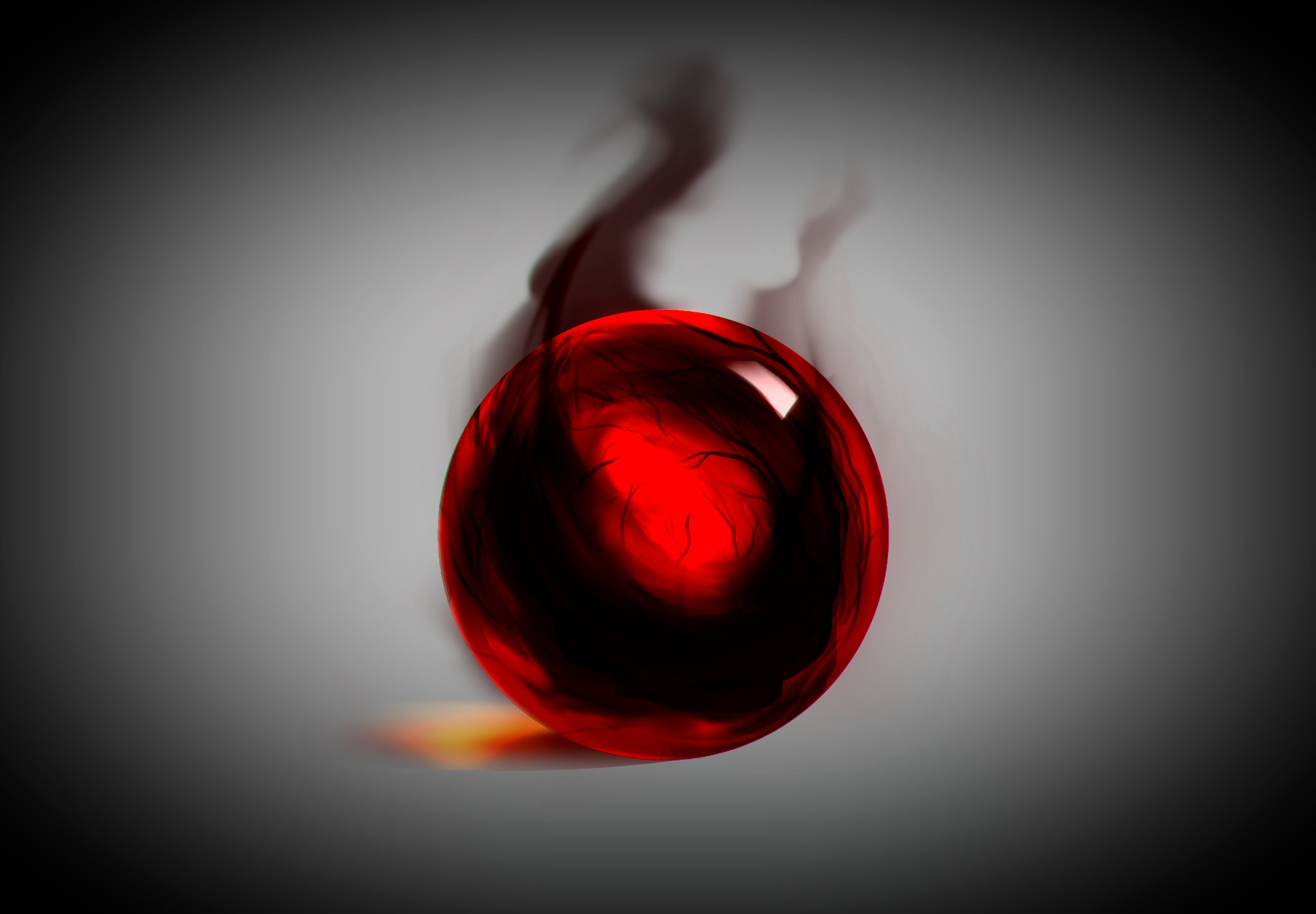A blood red orb swirling with black energy, smoke emanating out of it from above. Inside are vein-like lines pressing into the center, almost mimicking a small, misshapen heart. It casts a dull, sunset-colored shadow.