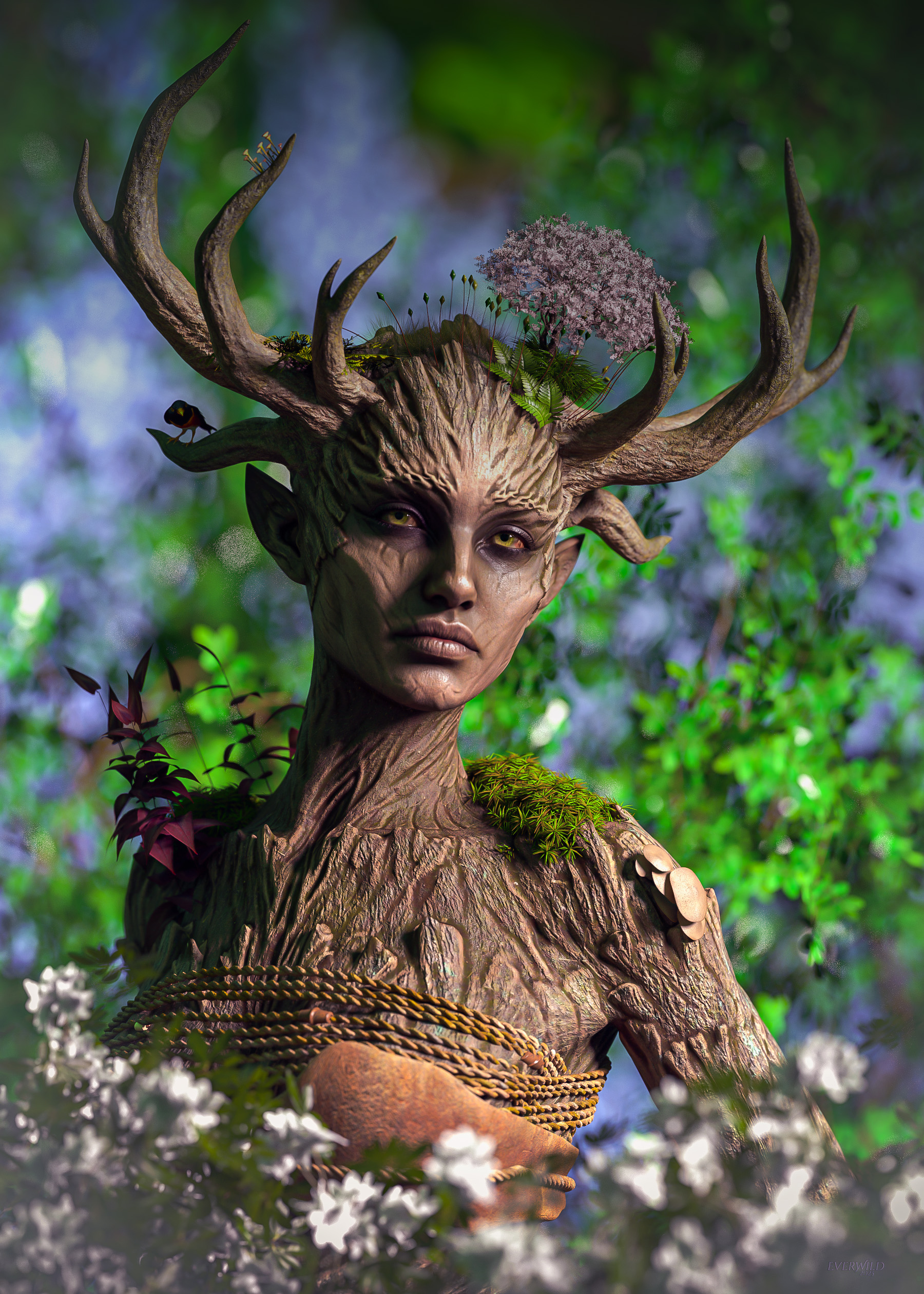 The Ahl'Ma 3D image of a dryad made of wood with antlers.