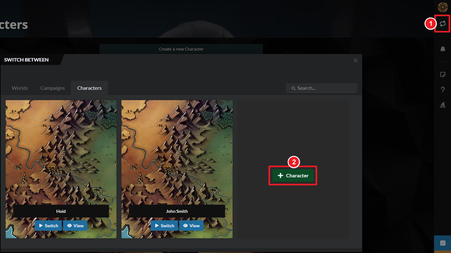 Create new character button Create new character button